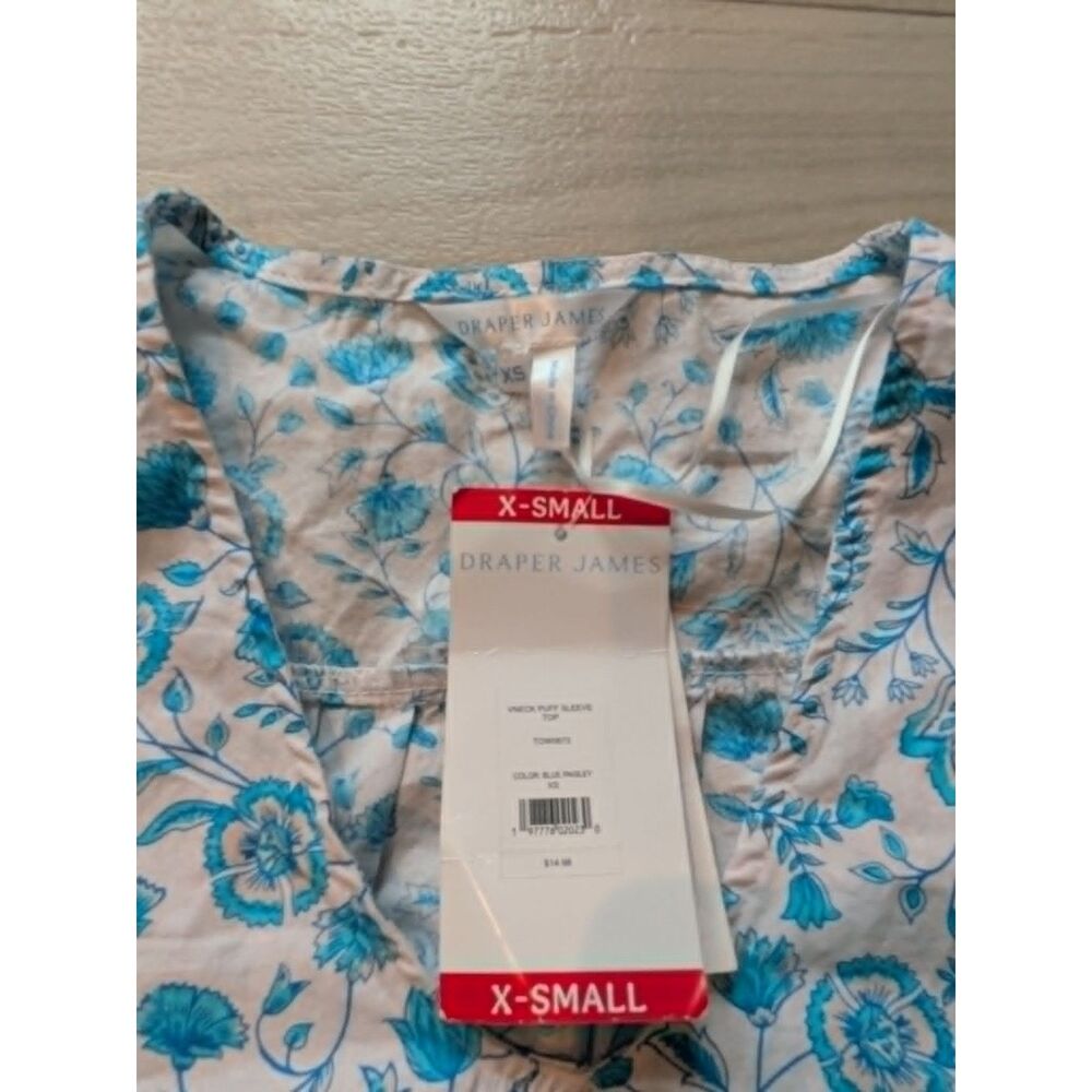 NWT Draper James XS Blue Floral Puff Sleeve Top